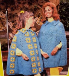 1970s CROCHET GRANNY SQUARE CAPES ADULTS,CHILDREN 26-32'' BKLT